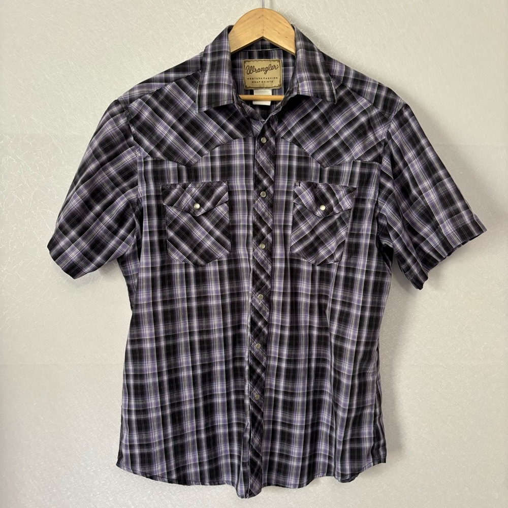 Wrangler Purple/Black Plaid Pearl Snap Short Sleeve Button Up Shirt Men's Large
